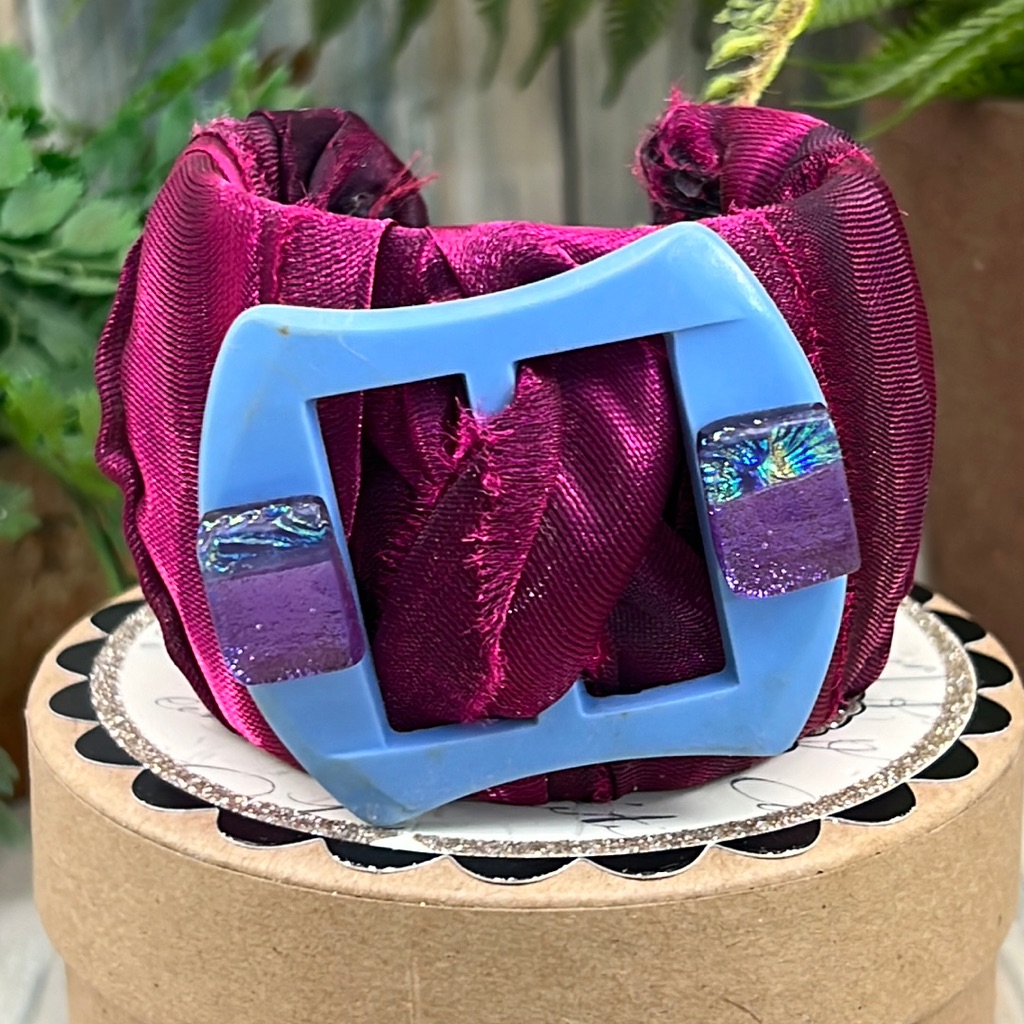 Adorned Crown Artisan Assemblage Buckle Dichroic Silk Sari Wrap Wide Cuff